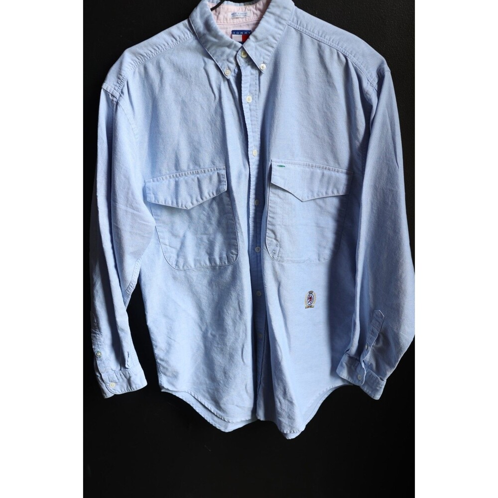 Tommy Hilfiger Shirt Mens Medium Blue Crest Logo Button Down Long Sleeve Vintage